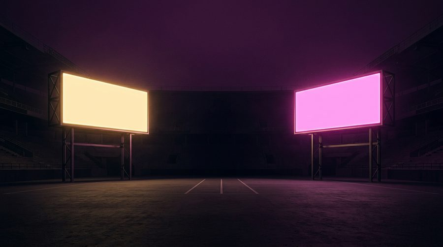 Dua panel papan skor menyala saling berhadapan di arena gelap bernuansa ungu