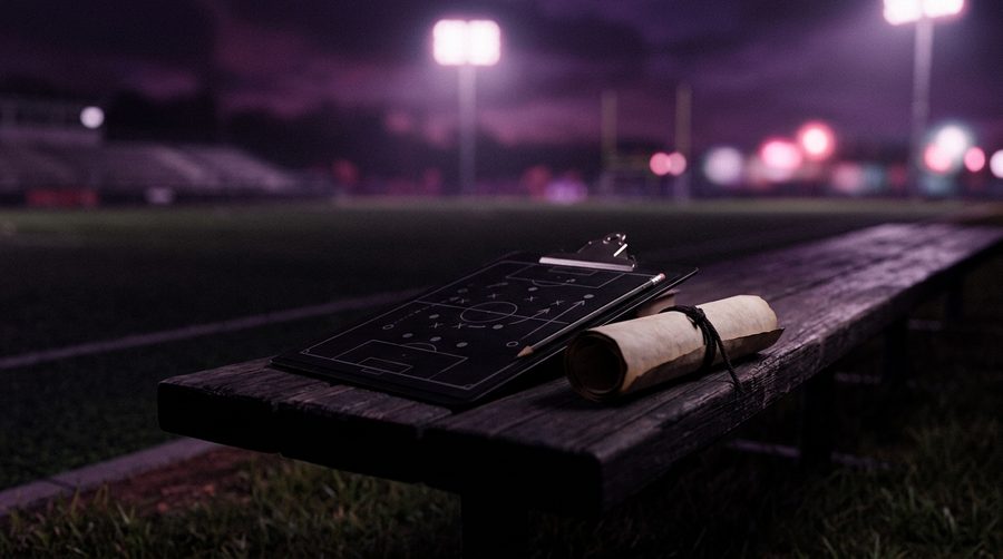 Papan taktik dan papan jepit di tepi lapangan malam dengan lampu stadion berpendar di kejauhan